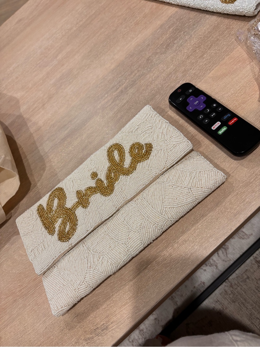Bride Beaded White Clutch with Gold Script